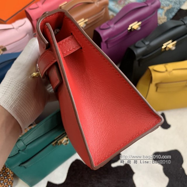 Hermes凱利女包 愛馬仕Minikelly pochette一代 原廠進口swift皮 半手工蠟線 國旗紅 金銀扣  tdh2271